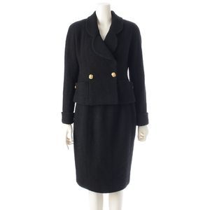 Chanel 93P Wool Clover Button Tweed Skirt Set Up P01452 Black 38
